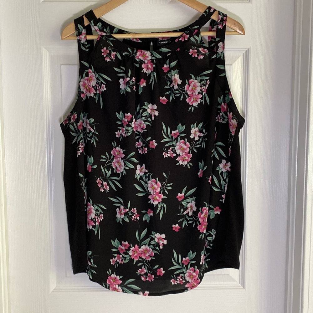 Torrid tank top, Black with pink floral, Halter style size 10-12